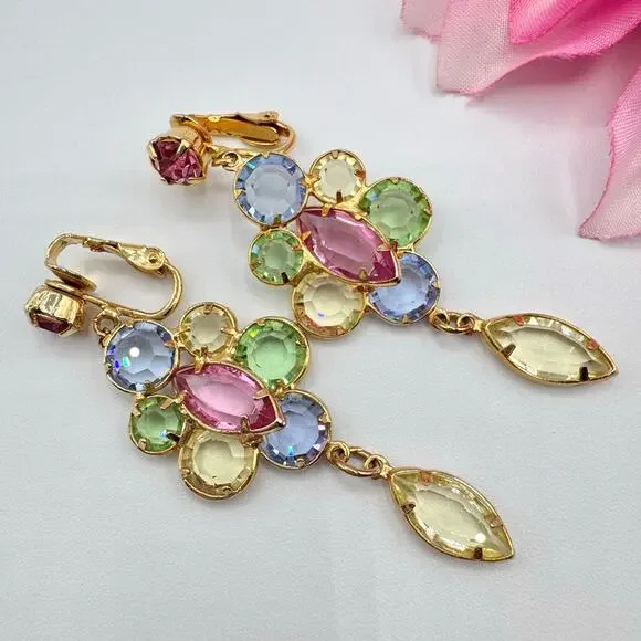 Vintage Austrian Crystal Clip On Earrings Pastel Ethereal Spring Fairycore Long - Picture 6 of 16